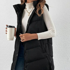 Black Casual Women's Zip Up Slant Pocket Sleeveless Hooded Padded Coat